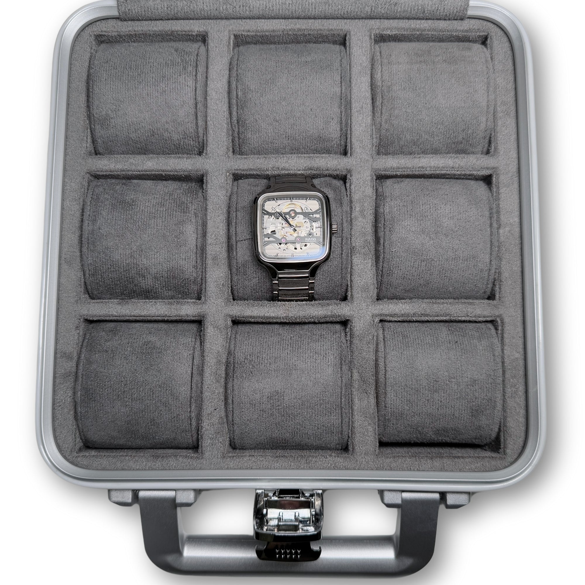 Estuche de aluminio de lujo para 9 relojes o pulseras con cierre aprobado por TSA